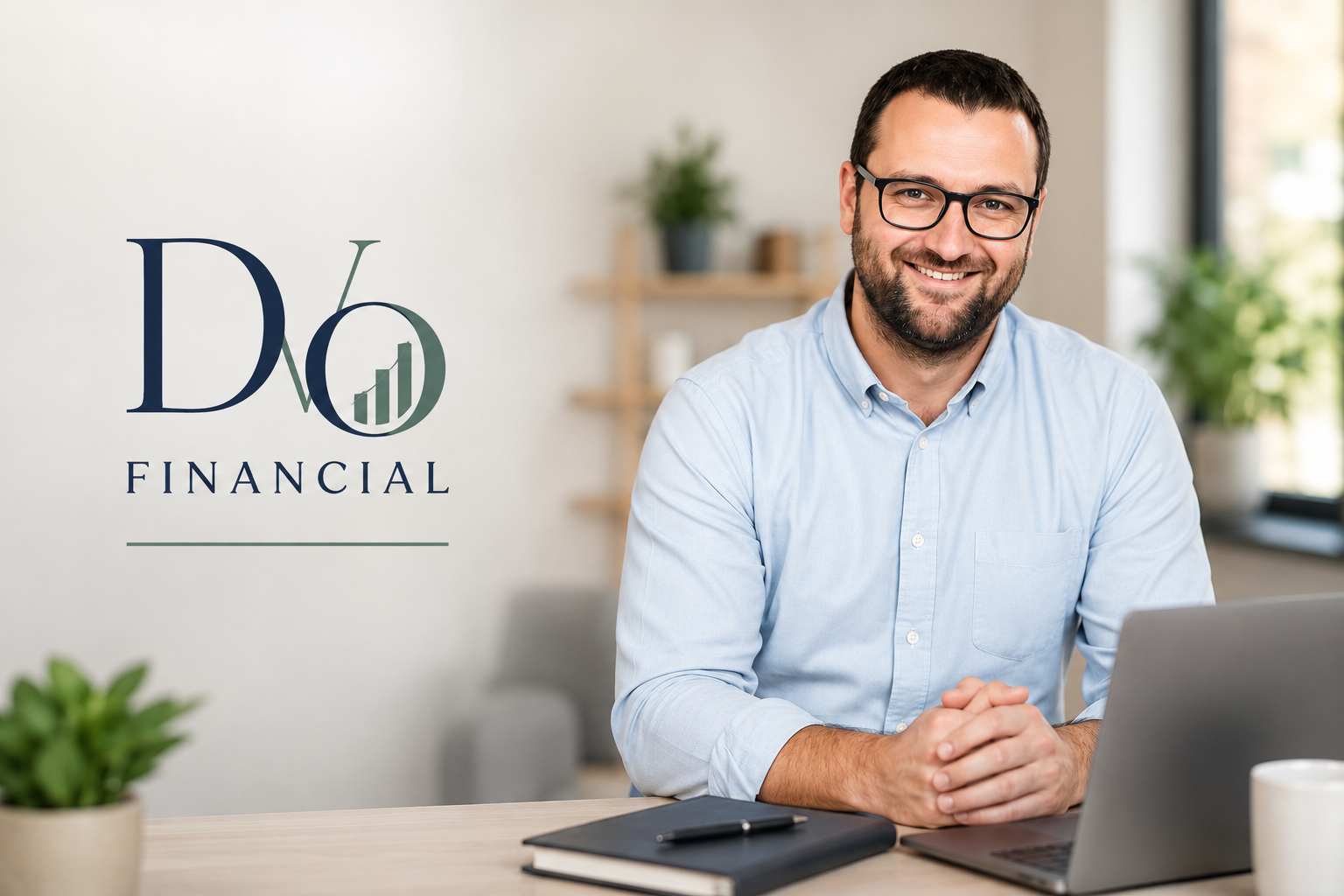 Devin O'Brien, CPA, CMA, seated at his desk beside the DVO Financial logo